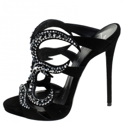 Pre Owned Giuseppe Zanotti Black Suede Crystal Embellished Open Toe Slides Size 36