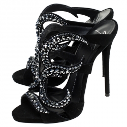 Pre Owned Giuseppe Zanotti Black Suede Crystal Embellished Open Toe Slides Size 36