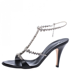 مملوكة مسبقًا Giuseppe Zanotti Black Leather Crystal Embellished T Strap Sandals Size 38.5