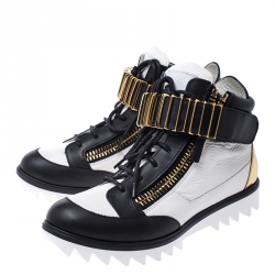 Pre Owned Giuseppe Zanotti White/Black Leather Metal Embellished Strap High Top Sneakers Size 37.5