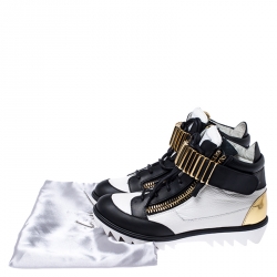 Pre Owned Giuseppe Zanotti White/Black Leather Metal Embellished Strap High Top Sneakers Size 37.5