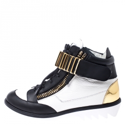 Pre Owned Giuseppe Zanotti White/Black Leather Metal Embellished Strap High Top Sneakers Size 37.5