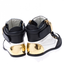 Pre Owned Giuseppe Zanotti White/Black Leather Metal Embellished Strap High Top Sneakers Size 37.5