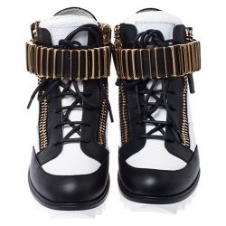 Pre Owned Giuseppe Zanotti White/Black Leather Metal Embellished Strap High Top Sneakers Size 37.5