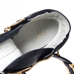 Pre Owned Giuseppe Zanotti White/Black Leather Metal Embellished Strap High Top Sneakers Size 37.5