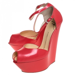 Pre Owned Giuseppe Zanotti Coral Leather Wedge Sandals Size 38.5