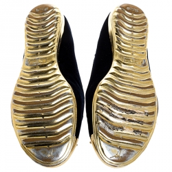 Pre Owned Giuseppe Zanotti Blue Velvet Gold-Tone Cap Toe Logo Embellished Smoking Slippers Size 40