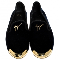 Pre Owned Giuseppe Zanotti Blue Velvet Gold-Tone Cap Toe Logo Embellished Smoking Slippers Size 40
