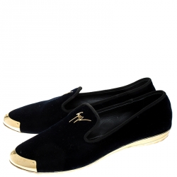 Pre Owned Giuseppe Zanotti Blue Velvet Gold-Tone Cap Toe Logo Embellished Smoking Slippers Size 40
