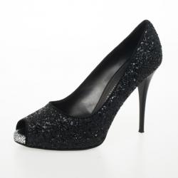 Pre Owned Giuseppe Zanotti Black Glitter Peep Toe Pumps Size 39.5