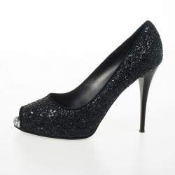 Pre Owned Giuseppe Zanotti Black Glitter Peep Toe Pumps Size 39.5