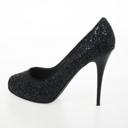 Pre Owned Giuseppe Zanotti Black Glitter Peep Toe Pumps Size 39.5