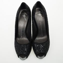 Pre Owned Giuseppe Zanotti Black Glitter Peep Toe Pumps Size 39.5