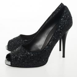 Pre Owned Giuseppe Zanotti Black Glitter Peep Toe Pumps Size 39.5