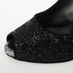 Pre Owned Giuseppe Zanotti Black Glitter Peep Toe Pumps Size 39.5