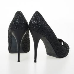 Pre Owned Giuseppe Zanotti Black Glitter Peep Toe Pumps Size 39.5
