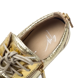 Pre Owned Giuseppe Zanotti Metallic Gold Leather Double Zip Lace Up Sneakers Size 38