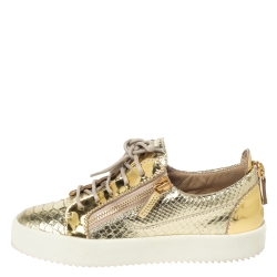 Pre Owned Giuseppe Zanotti Metallic Gold Leather Double Zip Lace Up Sneakers Size 38