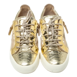 Pre Owned Giuseppe Zanotti Metallic Gold Leather Double Zip Lace Up Sneakers Size 38