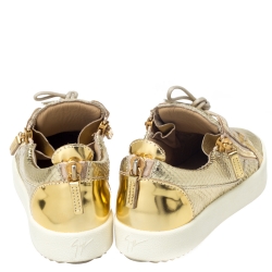 Pre Owned Giuseppe Zanotti Metallic Gold Leather Double Zip Lace Up Sneakers Size 38