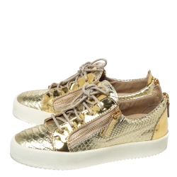 Pre Owned Giuseppe Zanotti Metallic Gold Leather Double Zip Lace Up Sneakers Size 38