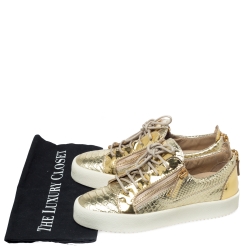 Pre Owned Giuseppe Zanotti Metallic Gold Leather Double Zip Lace Up Sneakers Size 38