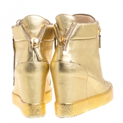 Pre Owned Giuseppe Zanotti Gold Leather High Top Wedge Sneakers Size 38