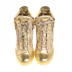 Pre Owned Giuseppe Zanotti Gold Leather High Top Wedge Sneakers Size 38