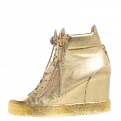 Pre Owned Giuseppe Zanotti Gold Leather High Top Wedge Sneakers Size 38