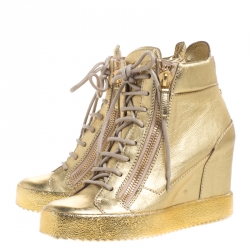 Pre Owned Giuseppe Zanotti Gold Leather High Top Wedge Sneakers Size 38