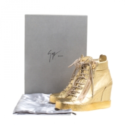 Pre Owned Giuseppe Zanotti Gold Leather High Top Wedge Sneakers Size 38