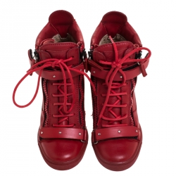 Pre Owned Giuseppe Zanotti Red Leather Jennifer Wedge Sneakers Size 37.5