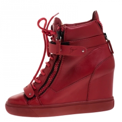 Pre Owned Giuseppe Zanotti Red Leather Jennifer Wedge Sneakers Size 37.5