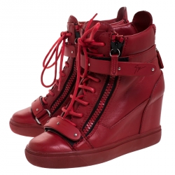 Pre Owned Giuseppe Zanotti Red Leather Jennifer Wedge Sneakers Size 37.5