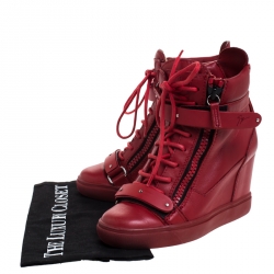 Pre Owned Giuseppe Zanotti Red Leather Jennifer Wedge Sneakers Size 37.5