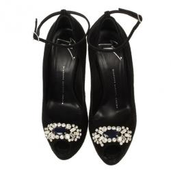 Pre Owned Giuseppe Zanotti Black Suede Embellished Toe Platform Stiletto Pumps Size 36.5