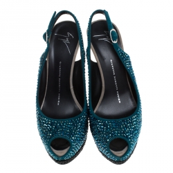 Pre Owned Giuseppe Zanotti Tri Color Suede Crystal Embellished Peep Toe Platform Slingback Sandals Size 37