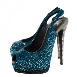 Pre Owned Giuseppe Zanotti Tri Color Suede Crystal Embellished Peep Toe Platform Slingback Sandals Size 37