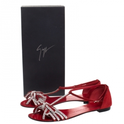 Pre Owned Giuseppe Zanotti Crystal Embellished Suede T Strap Flat Sandals Size 39.5