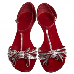 Pre Owned Giuseppe Zanotti Crystal Embellished Suede T Strap Flat Sandals Size 39.5