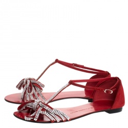 Pre Owned Giuseppe Zanotti Crystal Embellished Suede T Strap Flat Sandals Size 39.5