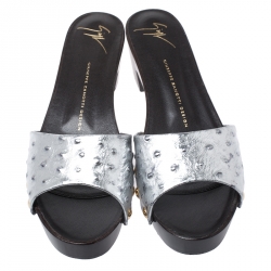 Pre Owned Giuseppe Zanotti Silver Ostrich Embossed Leather Gladis Platform Clogs Size 40