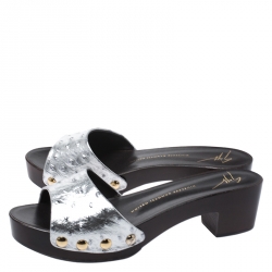 Pre Owned Giuseppe Zanotti Silver Ostrich Embossed Leather Gladis Platform Clogs Size 40