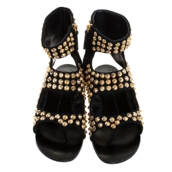 Pre Owned Giuseppe Zanotti Black Suede Leather Studded Ankle Flat Sandals Size 39