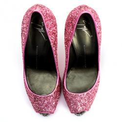 Pre Owned Giuseppe Zanotti Pink Glitter Peep Toe Pumps Size 37.5