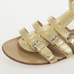 Pre Owned Giuseppe Zanotti Gold Leather Flat Gladiator Sandals Size 37.5