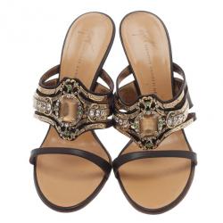 Pre Owned Giuseppe Zanotti Brown Leather Jeweled Mules Size 39.5