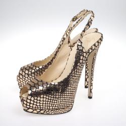 Pre Owned Giuseppe Zanotti Bronze Python Embossed Peep Toe Slingback Sandals Size 38