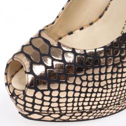 Pre Owned Giuseppe Zanotti Bronze Python Embossed Peep Toe Slingback Sandals Size 38