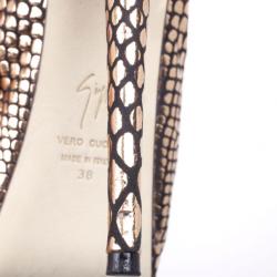 Pre Owned Giuseppe Zanotti Bronze Python Embossed Peep Toe Slingback Sandals Size 38